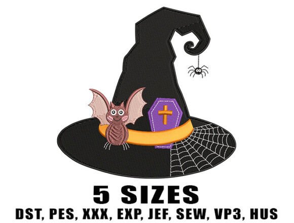 Creepy Witch Hat Bat Embroidery Design